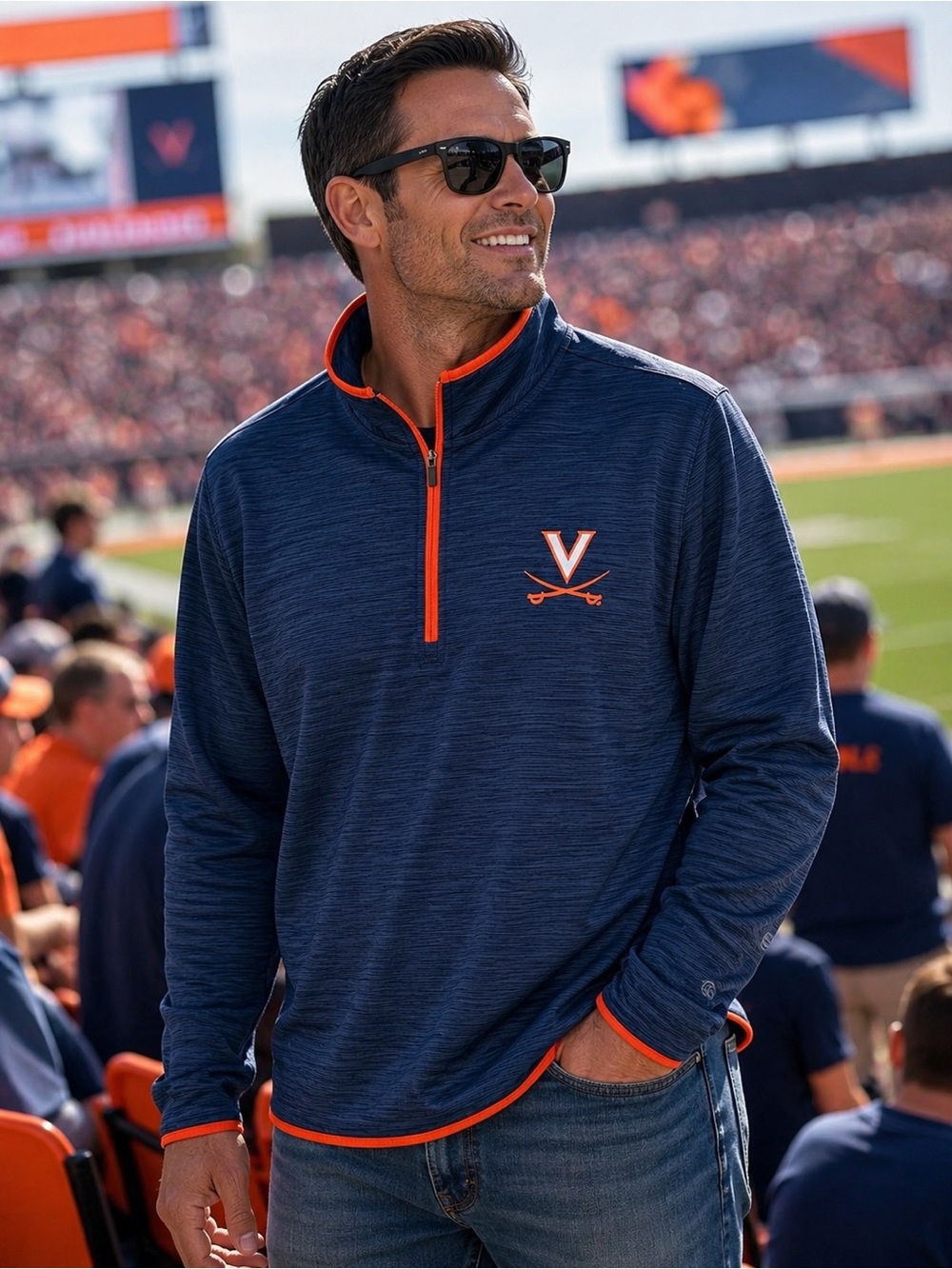 Colosseum Men's Navy Heather Tech Tee with Orange Trim.